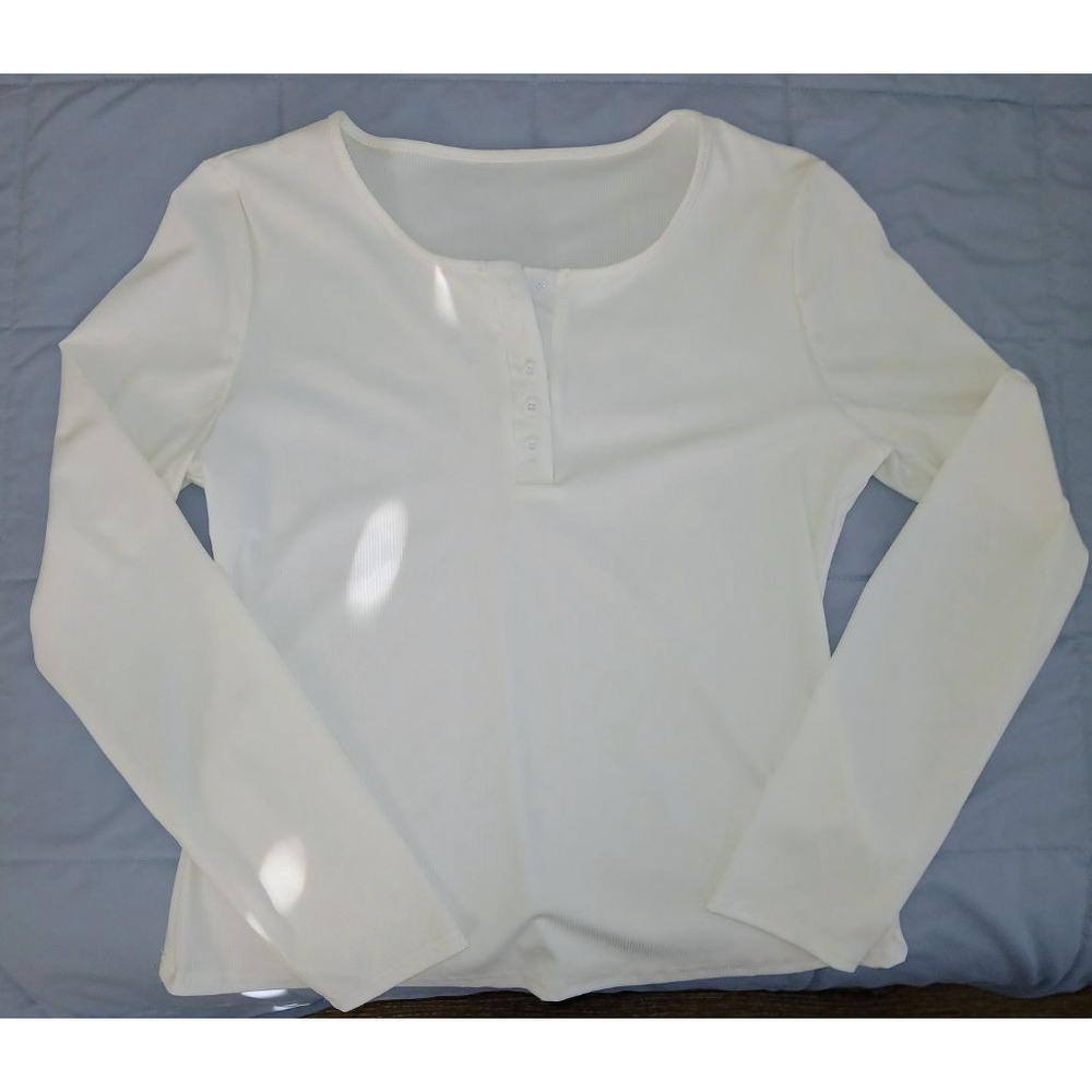 Women's Unbranded White Long Sleeve Henley Tee XL